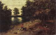unknow artist, A wooded landscape with a boar hunt